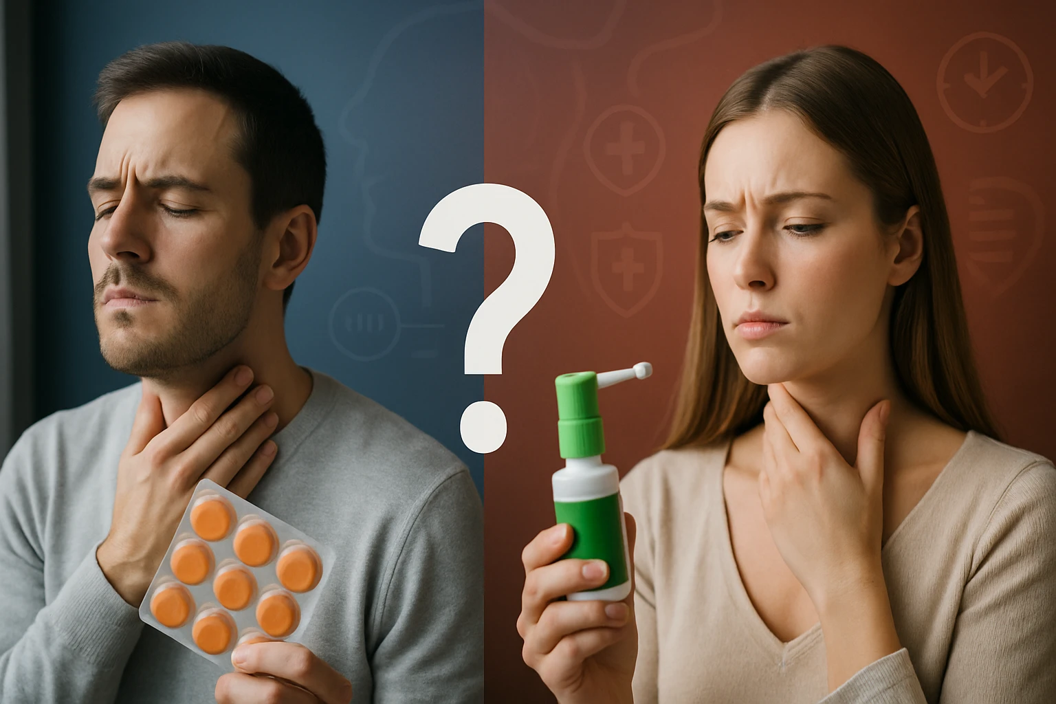 Egy férfi és egy nő torokfájásra utaló jelekkel, gyógyszerekkel a kezükben.