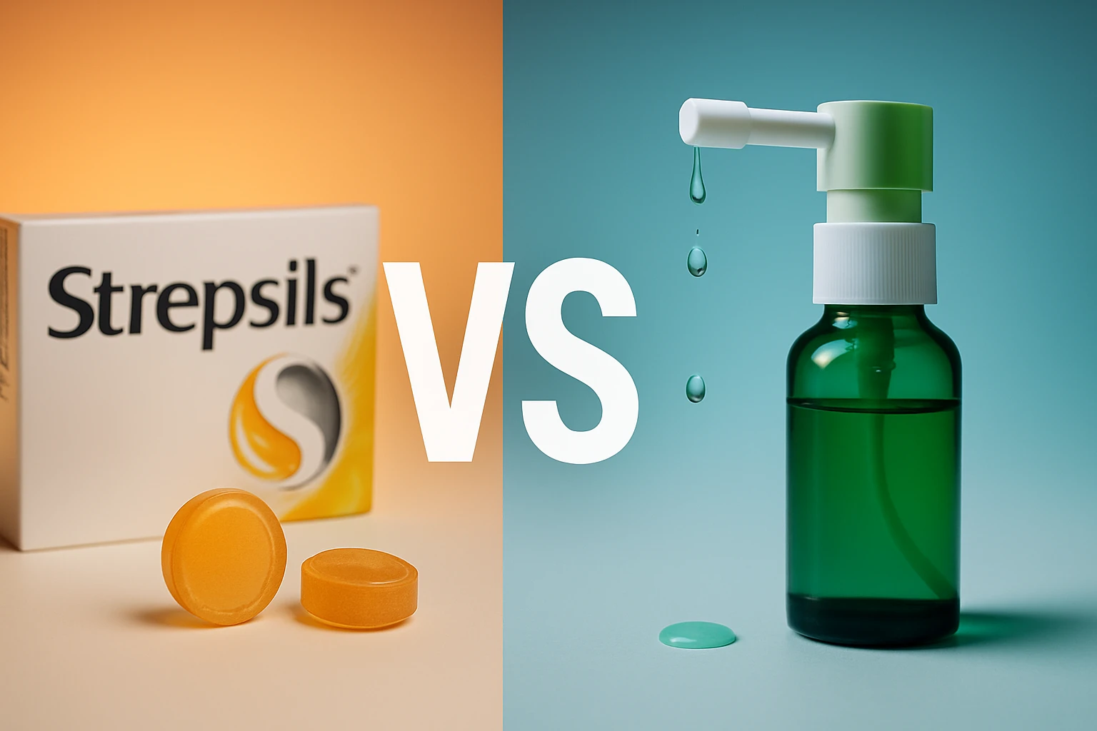 Két különböző torokfájás elleni készítmény: Strepsils tabletták és spray.