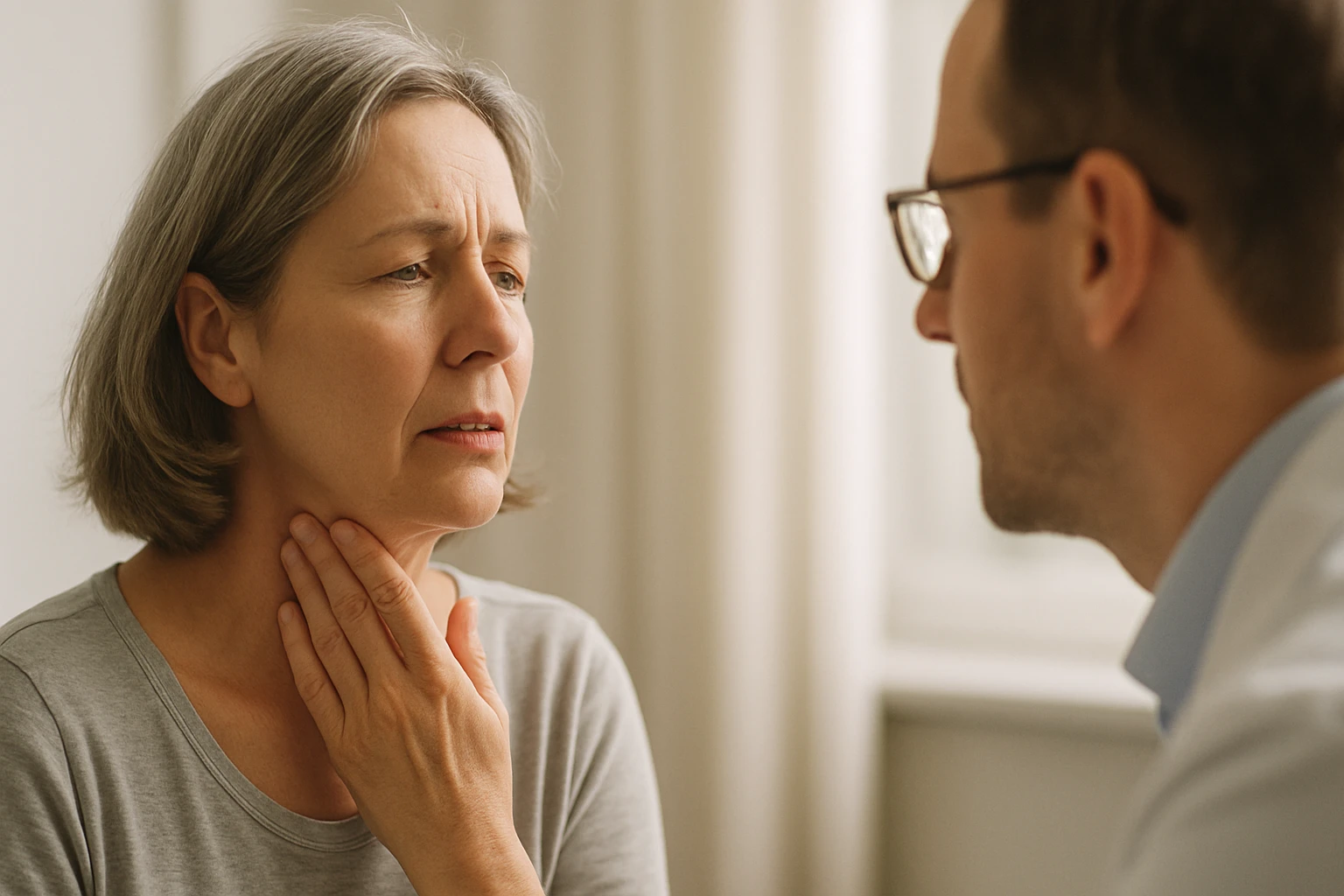 Egy középkorú nő, aki torokfájásra panaszkodik, orvosával beszélget.