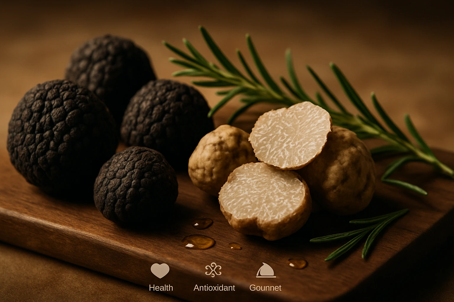 Fekete és fehér trüffel gombák egy fából készült deszkán, rozmaringgal.