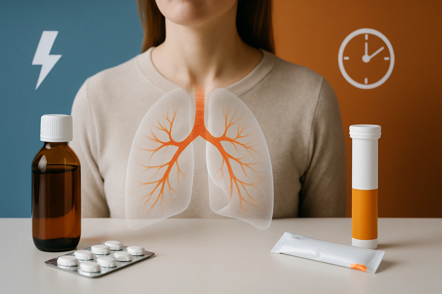 Egy női figura előtt gyógyszerek és egy ábrázolt tüdő látható.