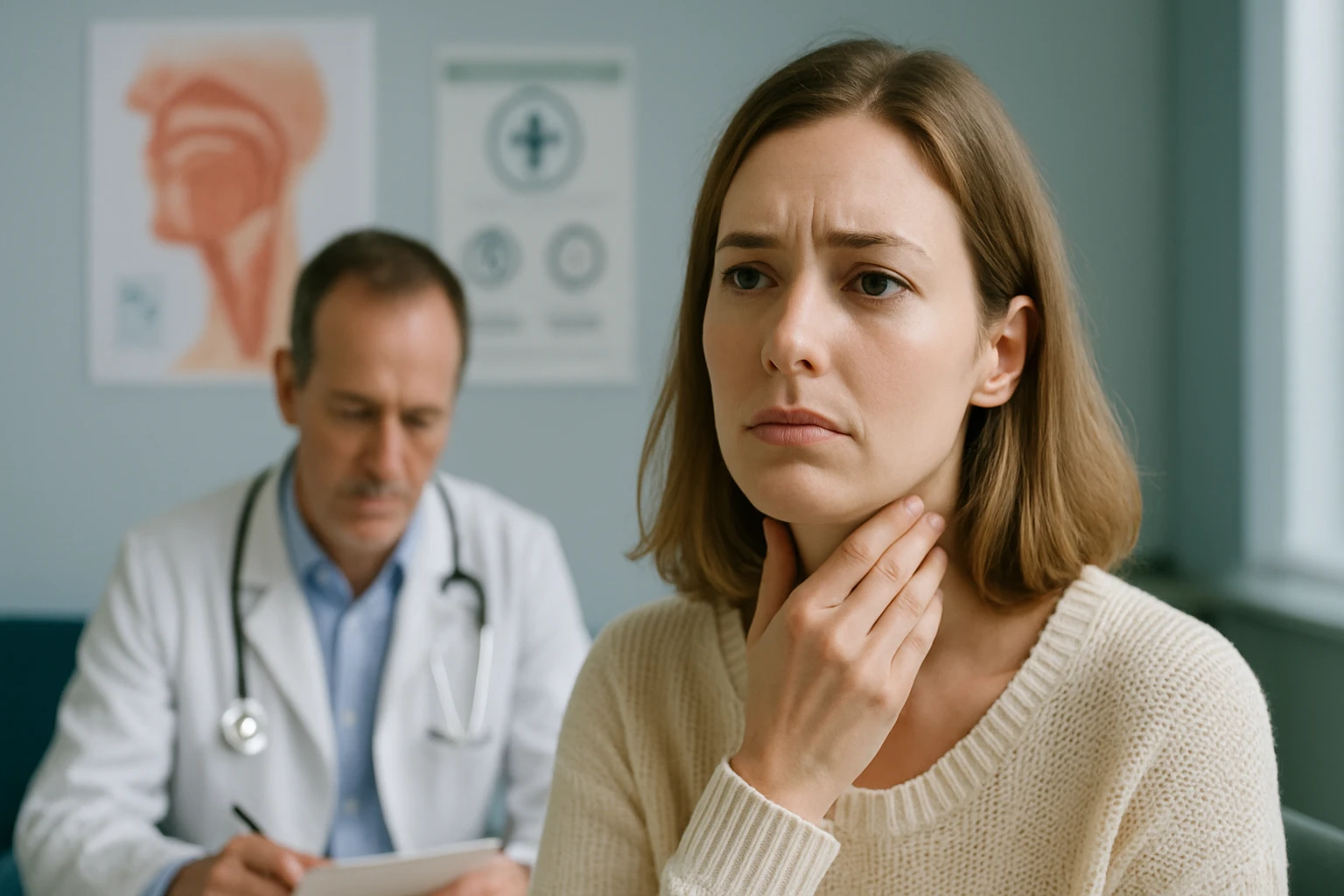 Egy nő aggódva tapintja a torkát orvosi rendelőben, háttérben orvos.