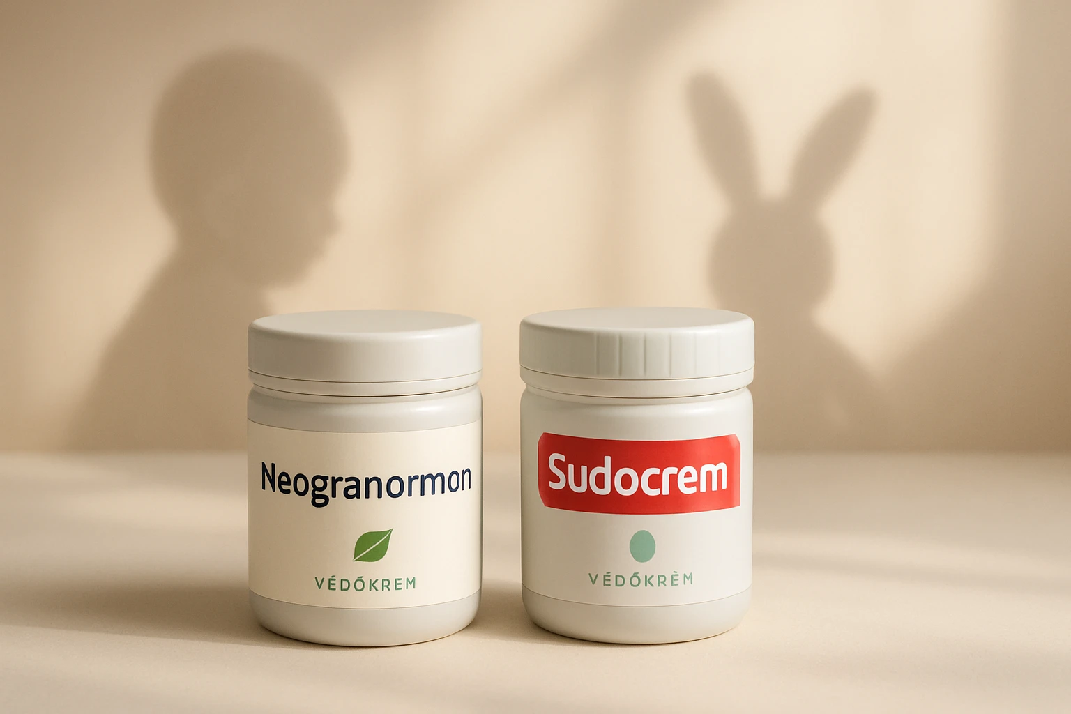 Két különböző védőkrém, Neogranormon és Sudocrem, háttérben egy gyermek árnyéka.