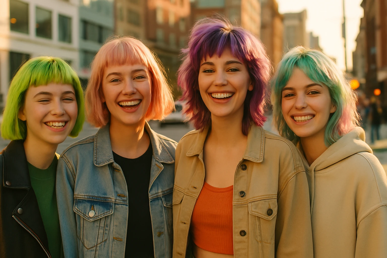 Négy fiatal nő vidáman mosolyog, színes hajjal a város utcáján.