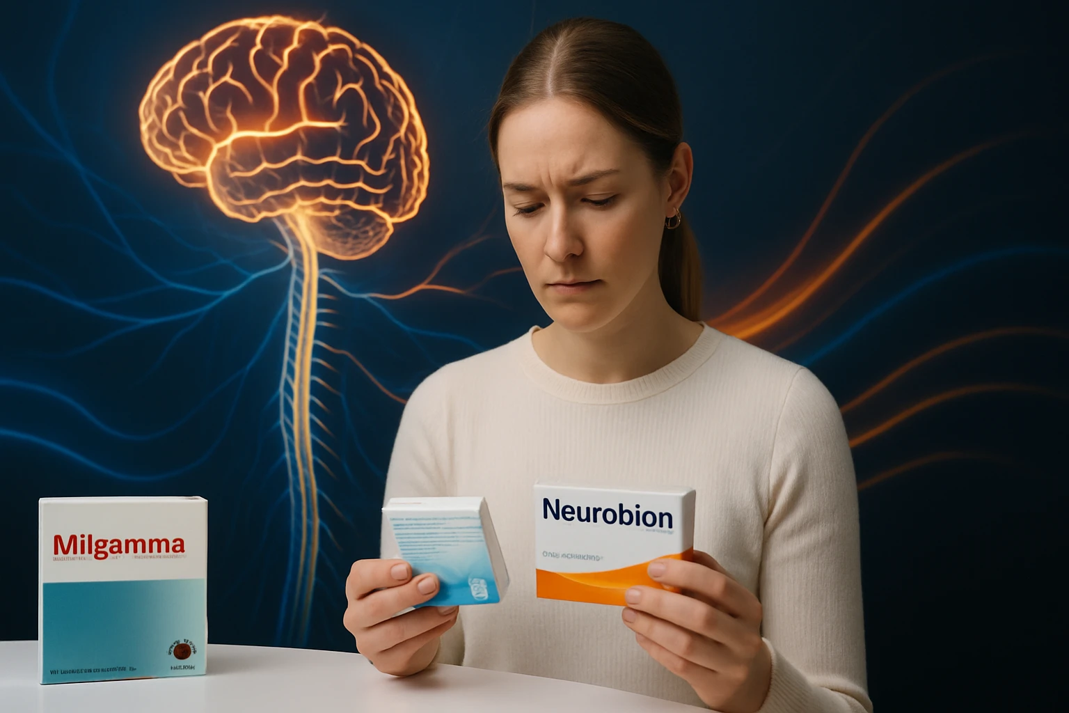 Egy nő két vitaminos dobozt tart a kezében, agyi háttérrel.