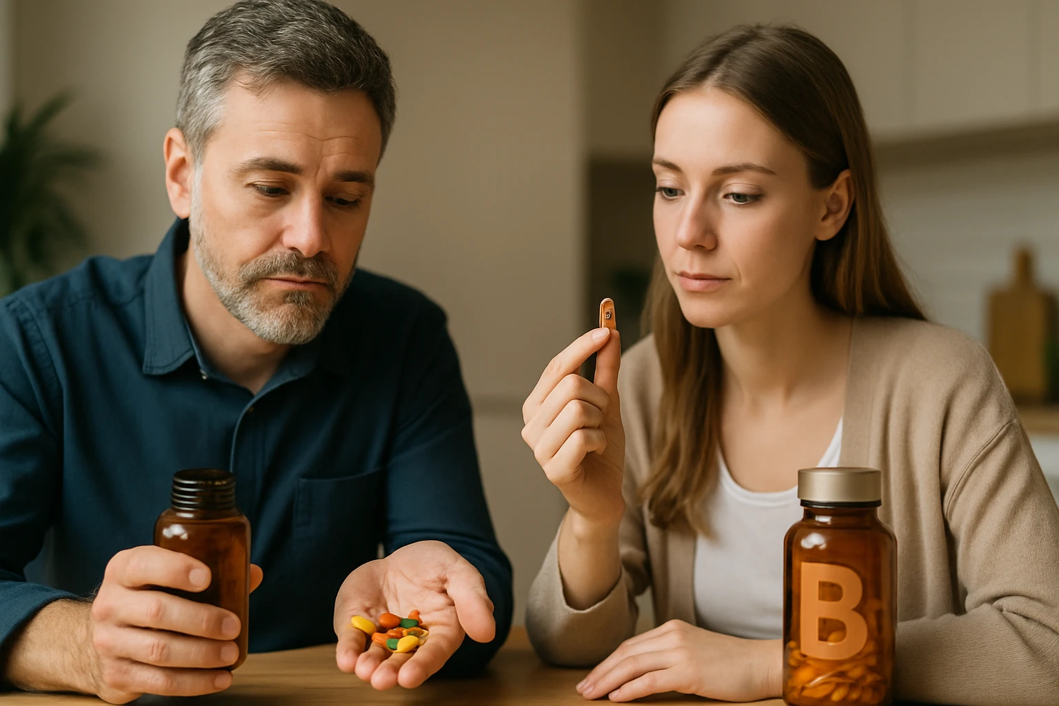 Egy férfi és egy nő vitaminokat néznek, a férfi kezében színes tabletták, a nő egy kapszulát tart.