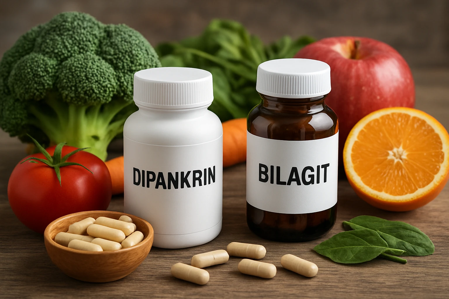 Két vitaminos üveg, friss zöldségek és gyümölcsök között, egészséges táplálkozás.