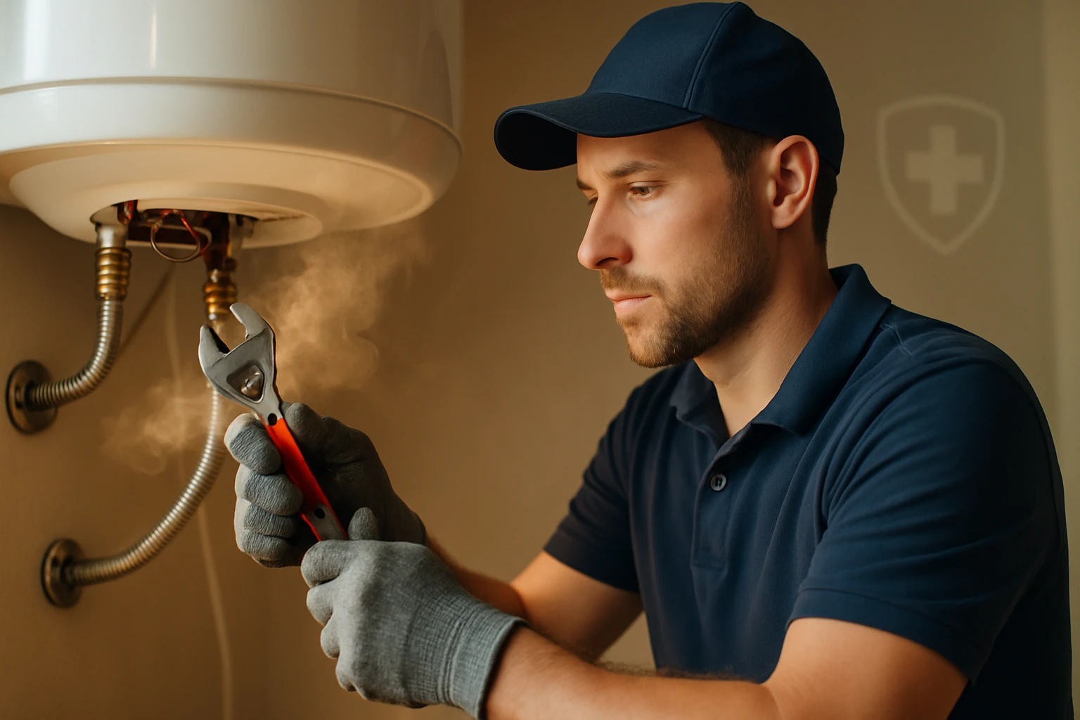 Egy férfi szerszámot használ egy vízmelegítő javításához, gőz száll fel.