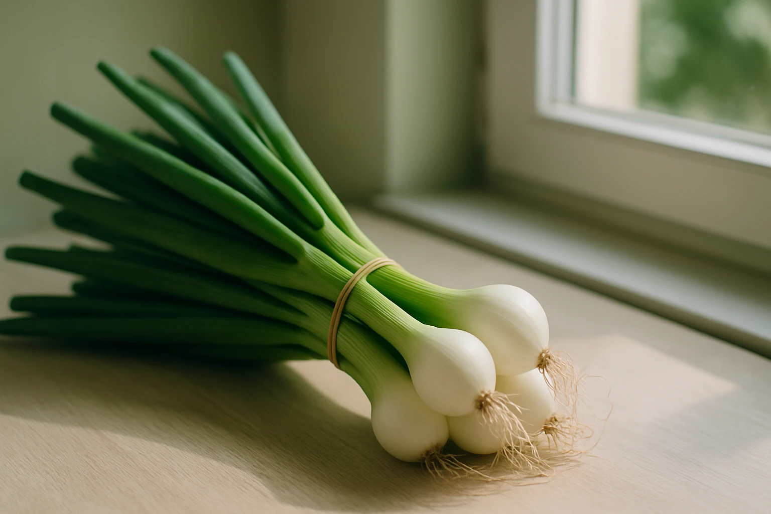 Friss zöldhagymák egy asztalon, világos háttér előtt.