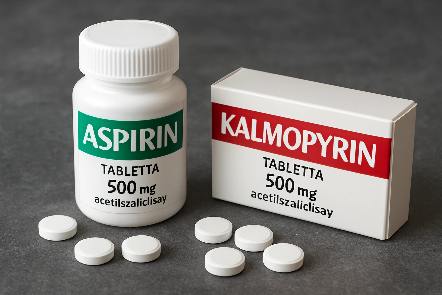 Egy üveg aszpirin és egy doboz Kalmpopyrin tabletta, fehér tablettákkal.