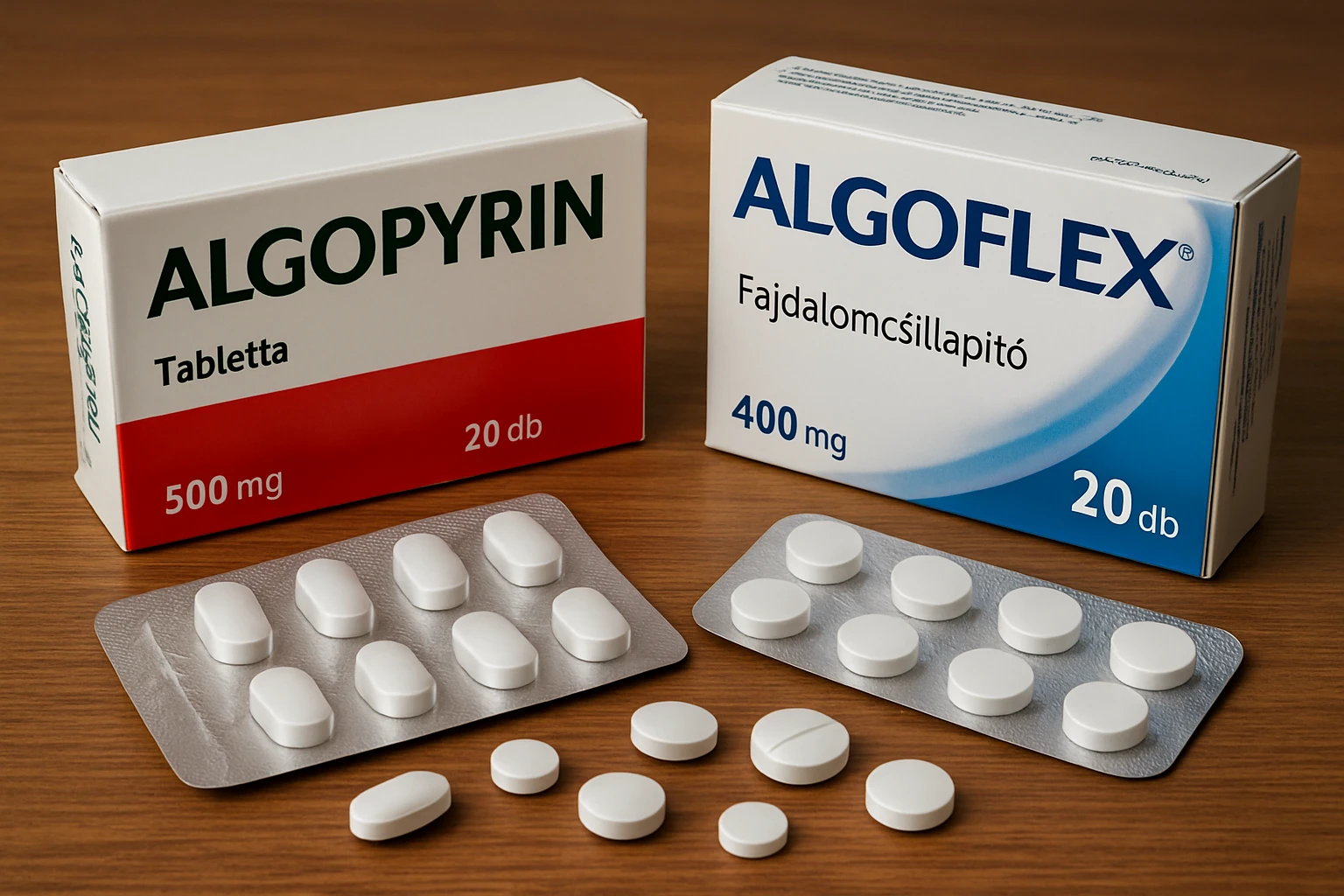Két doboz fájdalomcsillapító tabletta, ALGOPYRIN és ALGOFLEX, fehér tablettákkal.