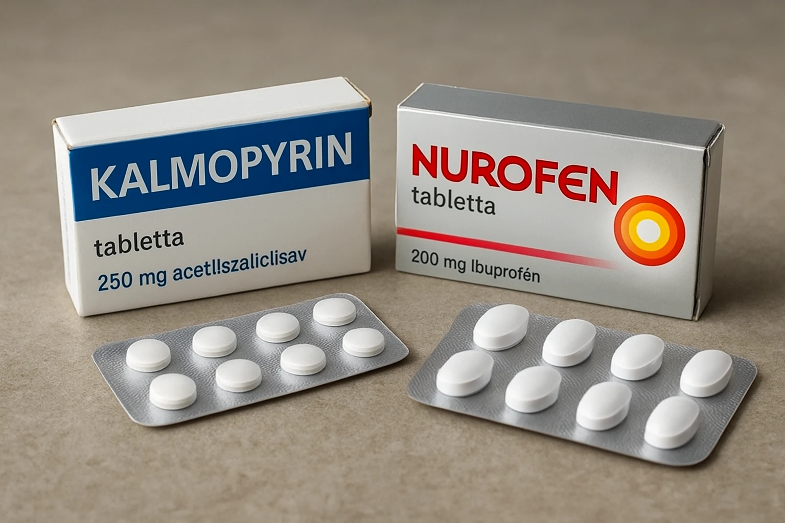 Két doboz gyógyszer: Kalmpopyrin és Nurofen, fehér tablettákkal.
