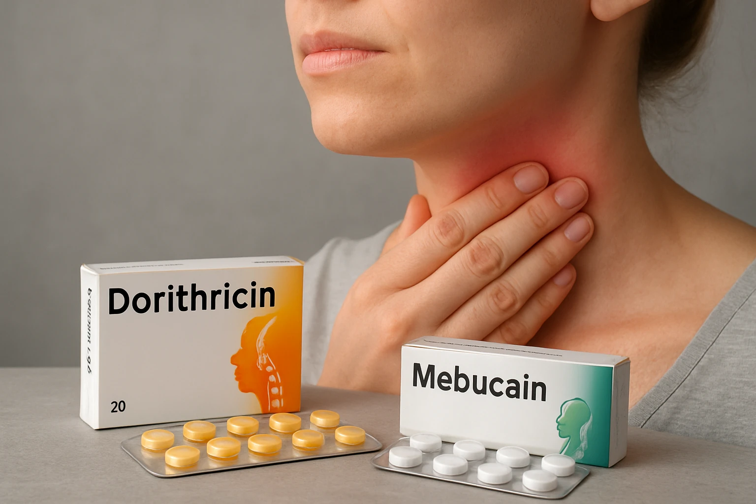 Egy nő a torkát fogja, mellette Dorithricin és Mebucain gyógyszerek dobozai láthatók.