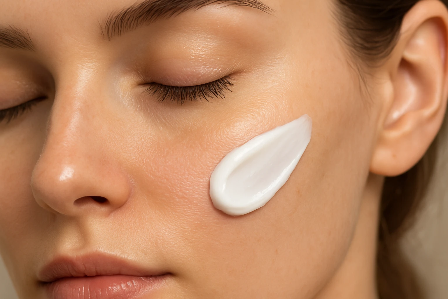 Egy nő arca, amelyen hidratáló krém található az arcán, szemhéja zárva.