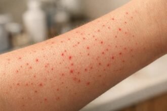 Bőrön apró piros pöttyök, közelről látható kiütések részlete, kontrasztos megvilágításban.