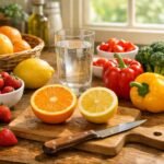 Egy tál friss citrusfélék és zöldségek a kiegyensúlyozott C-vitamin bevitelhez