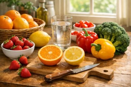 Egy tál friss citrusfélék és zöldségek a kiegyensúlyozott C-vitamin bevitelhez