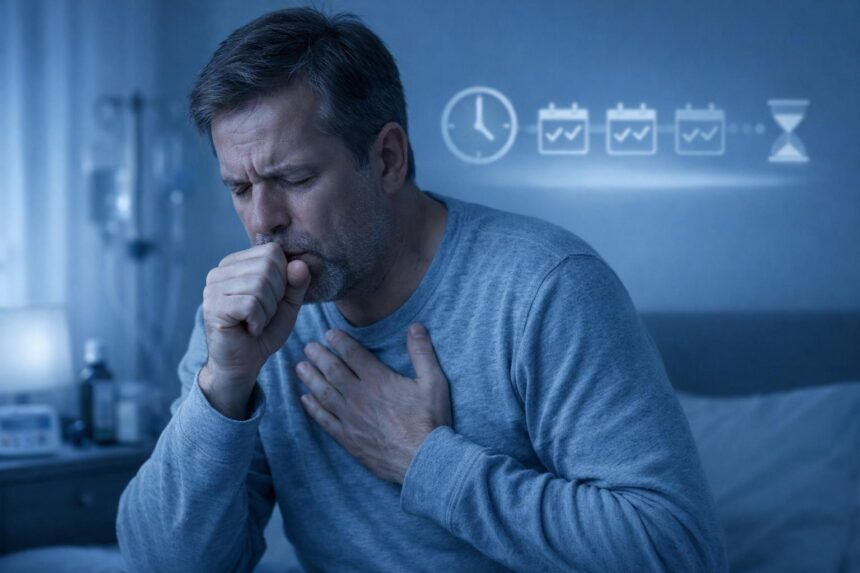 Köhögő beteg orvosi kivizsgálásra készül megfázás után, tanácsért és nyugalomért