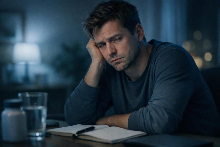 Gondolkodtató képen fáradt arc, szemhéj rángás és izomgörcs jeleit mutat.