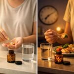 Reggeli és esti vitaminbevételt ábrázoló, időzítésre összpontosító vizuális bemutató a mindennapi rutin kontextusában