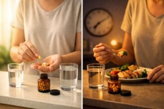 Reggeli és esti vitaminbevételt ábrázoló, időzítésre összpontosító vizuális bemutató a mindennapi rutin kontextusában