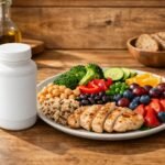 Tál tele friss zöldségekkel és néhány vitaminkapszulával a háttérben, egyensúlyt jelentve