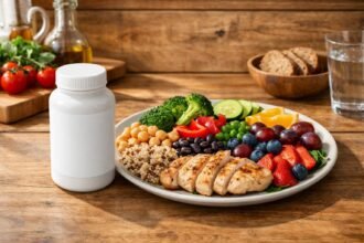 Tál tele friss zöldségekkel és néhány vitaminkapszulával a háttérben, egyensúlyt jelentve