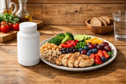 Tál tele friss zöldségekkel és néhány vitaminkapszulával a háttérben, egyensúlyt jelentve