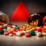 Különböző vitamin-kiegészítők rendezetten elhelyezve egy asztalon, figyelemre utaló fényben, gyakorlati figyelmeztetés.