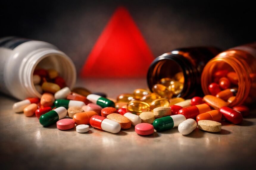Különböző vitamin-kiegészítők rendezetten elhelyezve egy asztalon, figyelemre utaló fényben, gyakorlati figyelmeztetés.