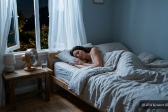 Hűvös hálószoba kánikulában, nyugodtan alvó ember ventilátor mellett