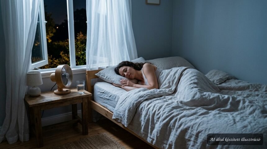 Hűvös hálószoba kánikulában, nyugodtan alvó ember ventilátor mellett