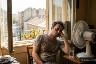 Hőségben fáradt ember árnyékos szobában, vízzel és ventilátorral próbálja lehűteni magát