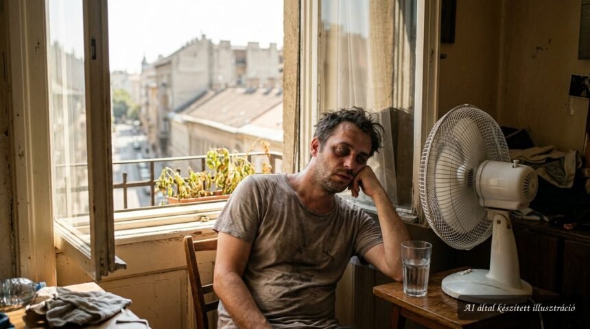 Hőségben fáradt ember árnyékos szobában, vízzel és ventilátorral próbálja lehűteni magát